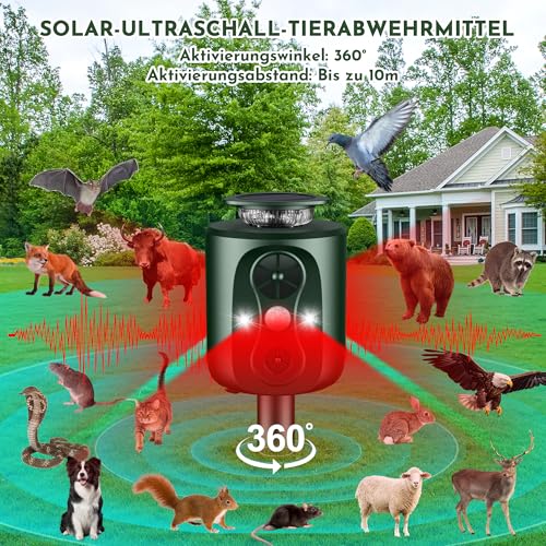 Ultrasonic Solar Cat Deterrent, 360 Degree Cat Deterrent for Garden, 5 Modes, Adjustable Marten Deterrent, Animal Repellent, 10 m Mader Repellent for Marten Cats Raccoon Dogs Birds Mice