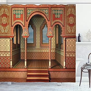 Arabesque Shower Curtain by Ambesonne, Middle Eastern Oriental Style Interior Palace Architecture Vintage Art Design, Fabric Bathroom Decor Set with Hooks, 70 Inches, Golden Red