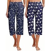 Ekouaer 2 Pack Women's Capri Pajama Pants Printed Drawstring Comfy Pj Bottoms With Pockets