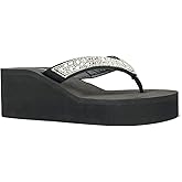 REDVOLUTION New Women's Rhinestone Sandals High | Low Platform T-Strap Jewel Sandals High Wedge Flip Flops