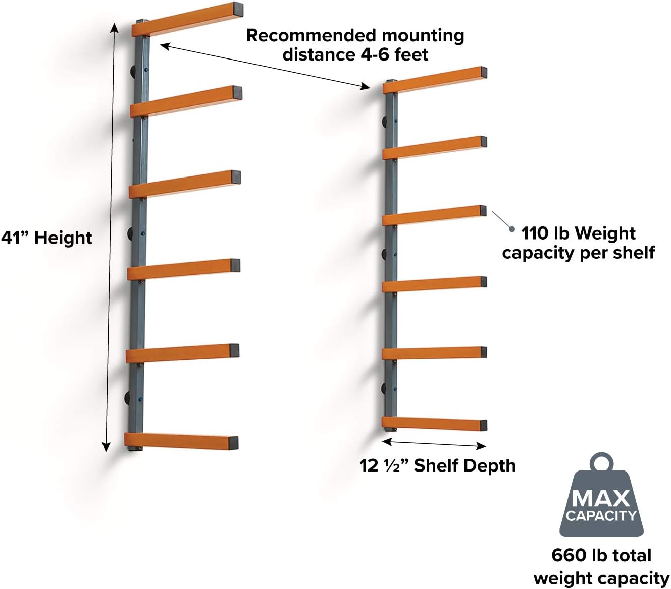Bora Wood Organizer and Lumber Storage Metal Rack with 6-Level Wall Mount – Indoor and Outdoor Use, In Orange | PBR-001 - - 