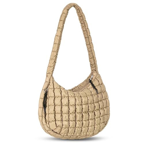 Puffer Tote Bag for Women Large Quilted Carryall Bag Crossbody Bag Puffy Shoulder Bag for Women Lightweight Hobo Bags (Khaki)