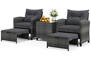 ORALNER 5 Pieces Patio Furniture Set with Ottoman, Wicker Conversation Set Rattan Chairs w/Cushions, Glass Coffee Table, Outd