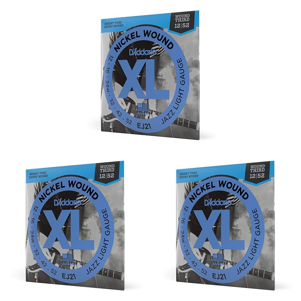 D'Addario Guitar Strings - XL Nickel Electric Guitar Strings - EJ21 - Perfect Intonation, Consistent Feel, Reliable Durability - For 6 String Guitars - 12-52 Jazz Light (Pack of 3)