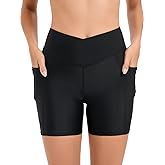 Womens Tummy Control Swim Shorts Cross Waist Bathing Suit Bottoms Pocket Swimming Shorts with Liner Swimsuit