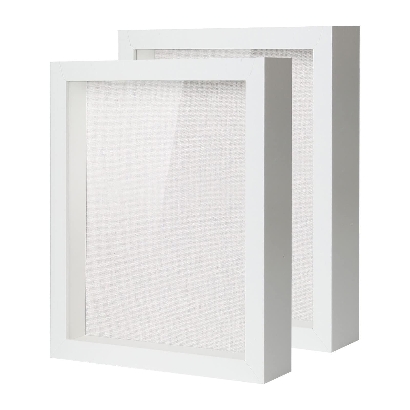 Muzilife Shadow Box Picture Frame with Linen Board Deep Wood Glass Display Case Ready to Hang Memory Box Baby Sports Memorabilia, Pins, Awards, Medals, Wedding, Tickets and Photos (White, 2pcs 8X10)