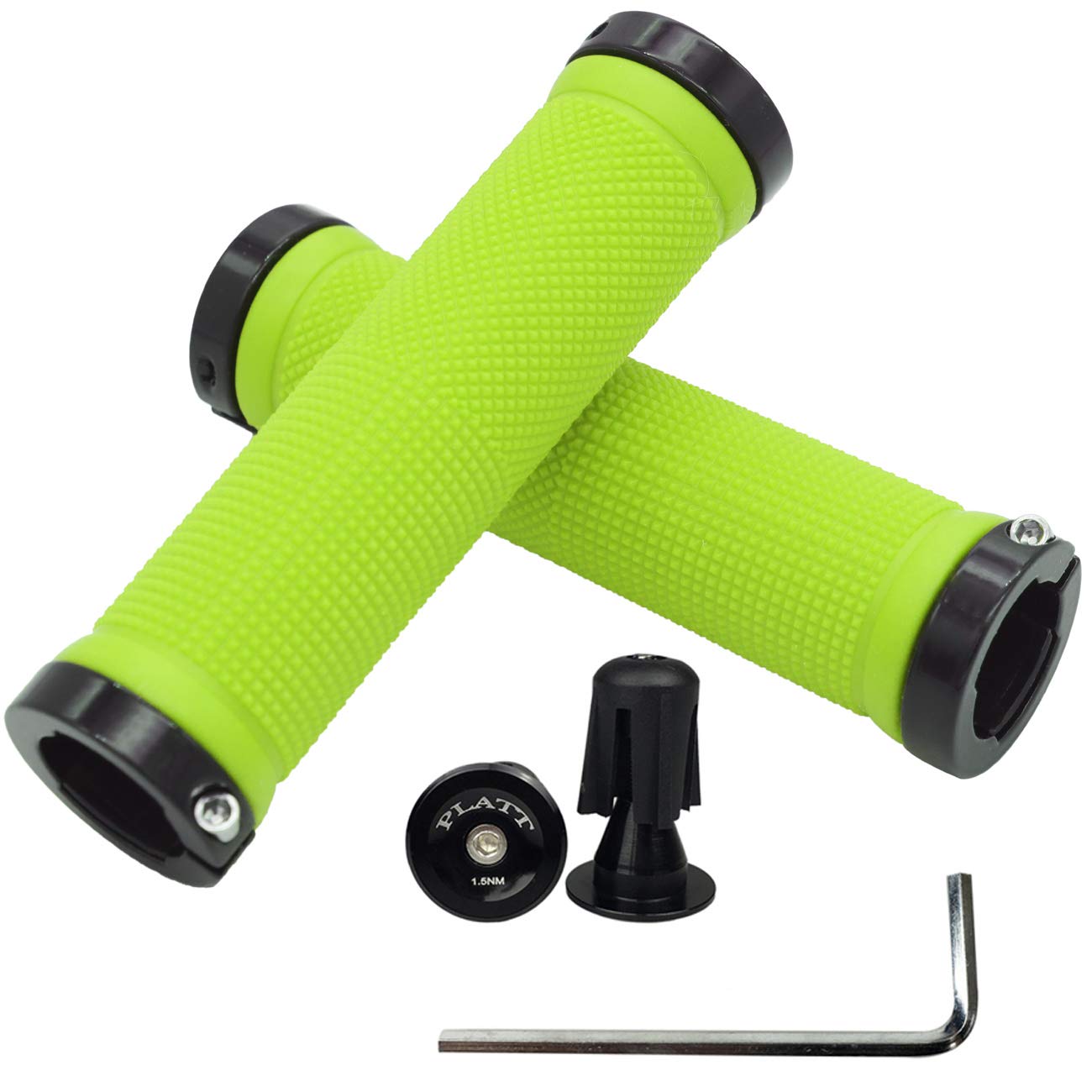PLATT Bike Handlebar Grips with Aluminum Lock Non-Slip Rubber Bicycle Handle Grip for MTB/BMX (Green)