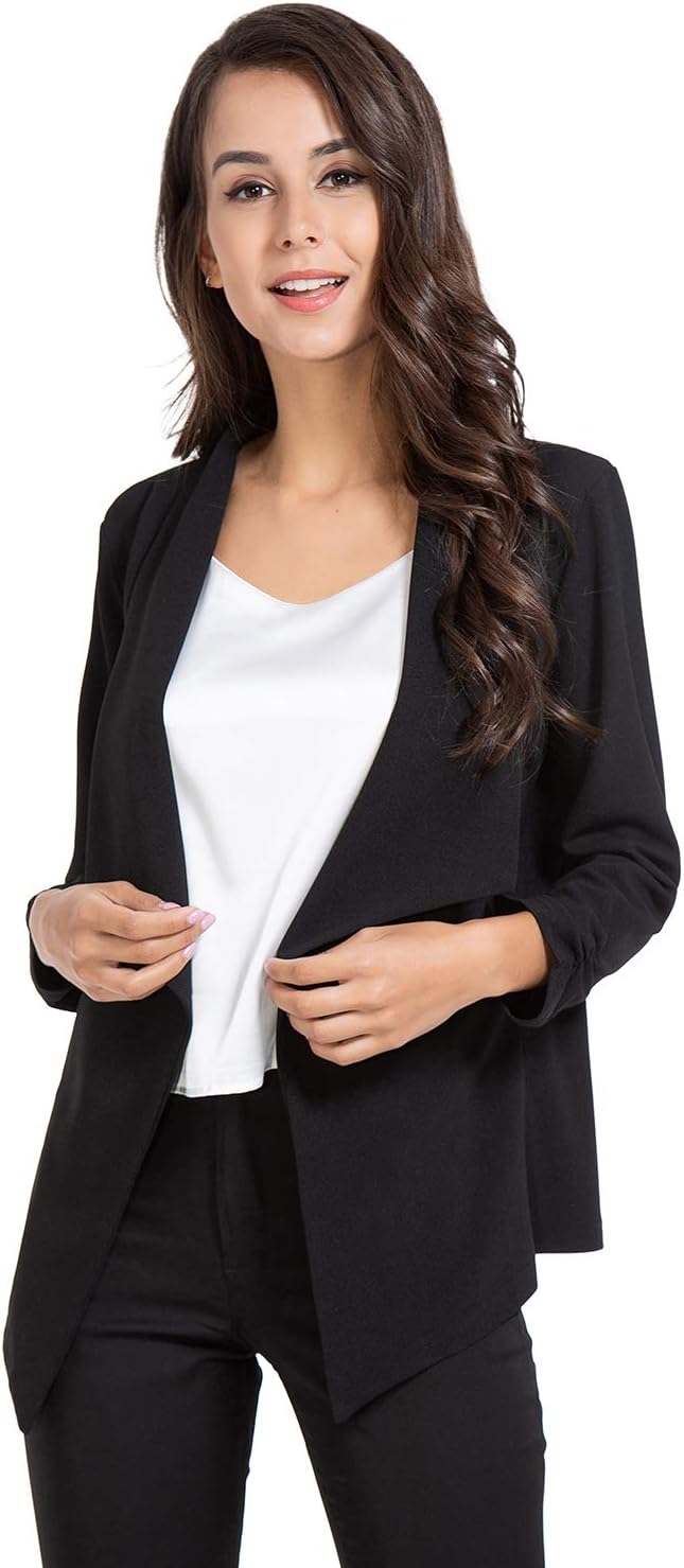 Casual Open Front Blazer for Women Work Office Business Jacket Ruched 3/4 Sleeve Lightweight Draped Cardigan