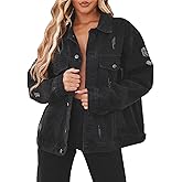 DvaeMalligo Women's Oversized Denim Jacket Casual Long Sleeve Button Down Distressed Trucker Jean Jackets with Pockets