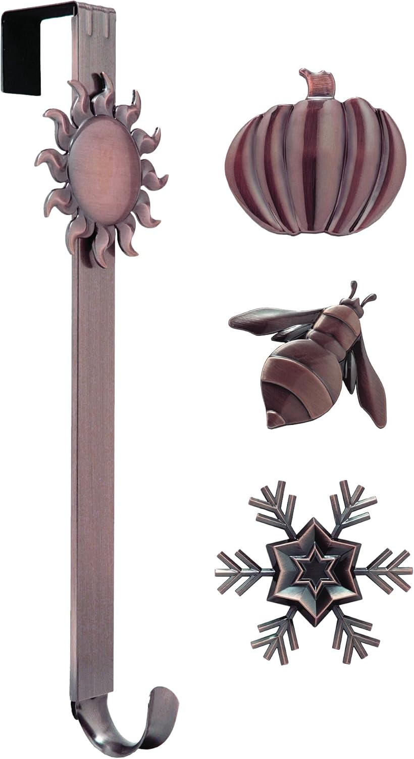 Wreath Hangers - Haute Decor Adapt Adjustable Length Wreath Hanger with Interchangeable Icons (Oil Rubbed Bronze-Bee/Sun/Pumpkin/Snowflake) - 4 Wreath Hangers in 1