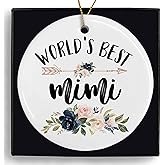 MONALET World's Best Mimi Ceramic Ornaments Gifts, Grandma Grandmother Round Hanging Ornament Decor Decorations for Christmas Tree Car, Thank You Appreciation Gifts for Mimi Birthday Holiday