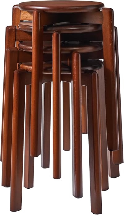 YMYNY 4pcs Solid Stackable Wood Round Stool, 27x27x45CM Brown