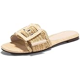 Coutgo Womens Flat Sandals Raffia Slip On Slide Sandal Square Open Toe Buckle Summer Beach Shoes Flats