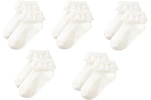 Gwenvenni Toddler Girls Ruffle Lace Trim Cotton Socks Eyelet Frilly Dress Socks 5 -Pack