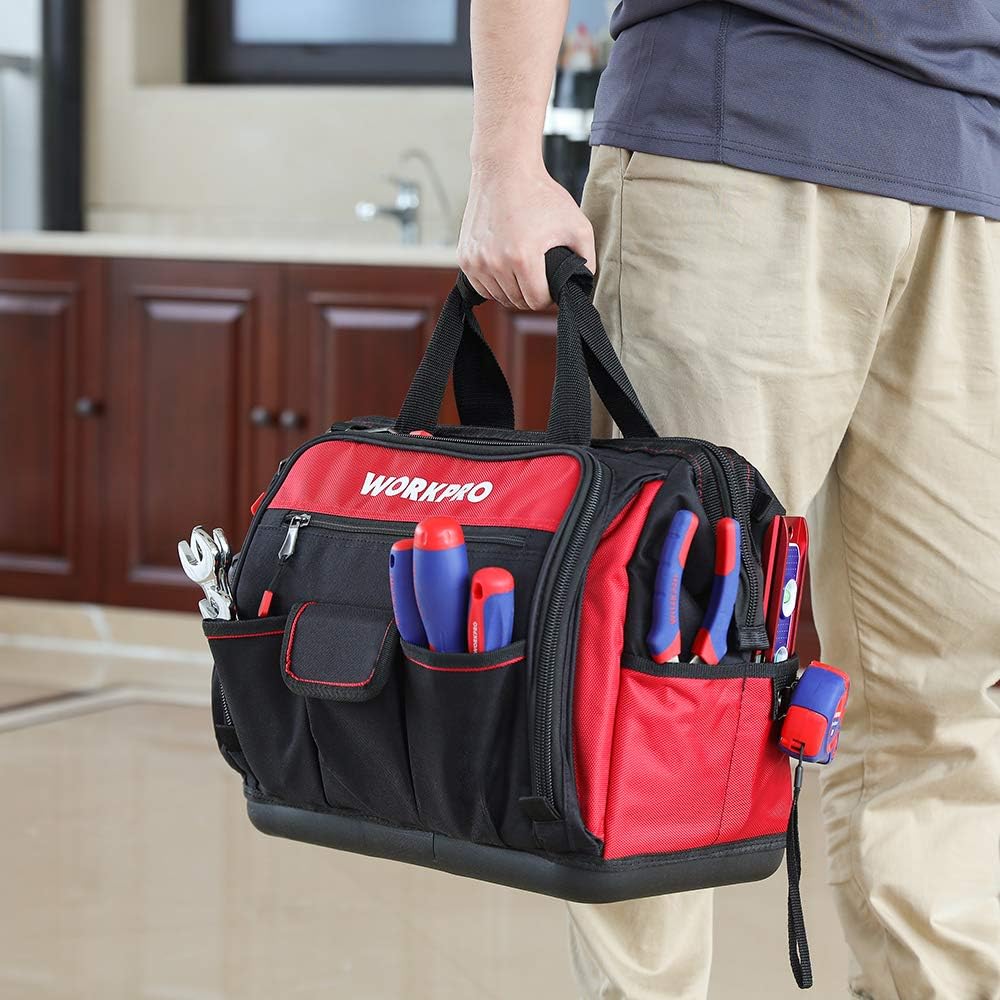 WORKPRO 16" Top Wide Mouth Tool Bag with Water Proof Rubber Base, Multi-Compartment, 46 Pockets, For Tool Organizer & Storage, W081122A - - 