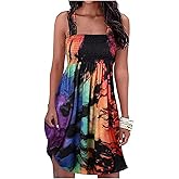 Summer Dress for Women Casual Beach Dress Floral Cover Ups Spaghetti Strap Sundress Smocked Strapless A-Line Mini Dress