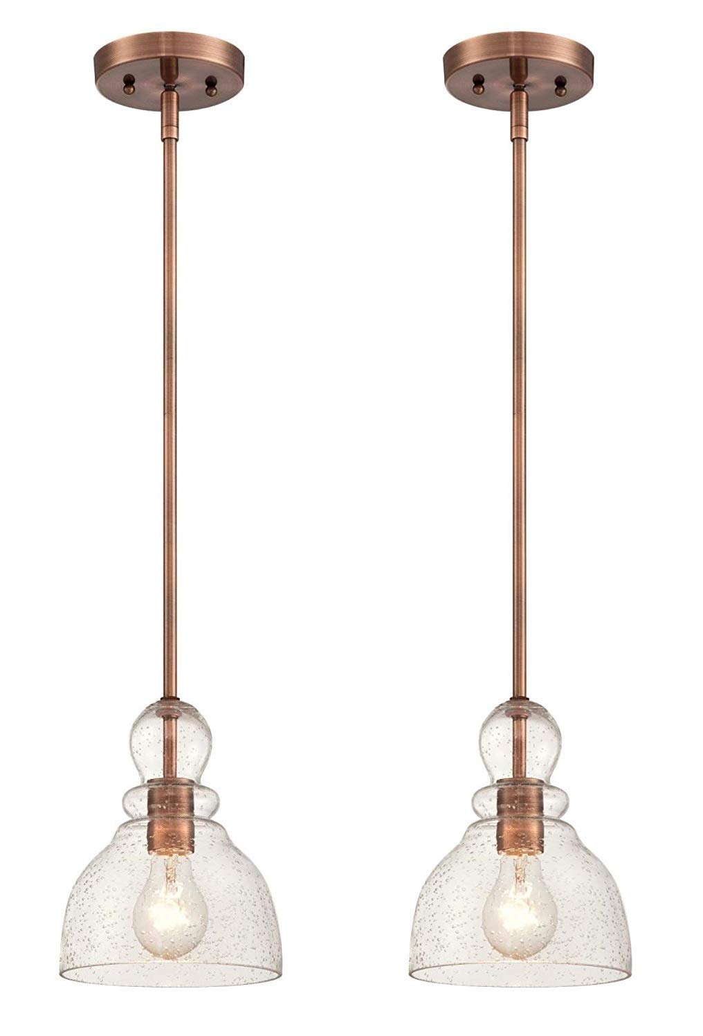 Ciata Lighting 1-Light Indoor Adjustable Mini Pendant in Washed Copper Finish with Hand-Blown Clear Seeded Glass (2 Pack)