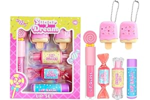 M&U MAKE YOU UP MU 6pc Candy Sweet Lip Gloss Set for Kids - 1 Straight Stick, 2 Ice Cream and 2 Candy Balms, Non-Toxic Girls Birthday Gift, Fun Theme Party Favors