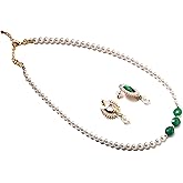 Green Onyx Faceted Coin, White South Seashell Pearl 8mm Adjustable Necklace, Emerald Crystal CZ Dangling Earrings Bridal Jewelry Set