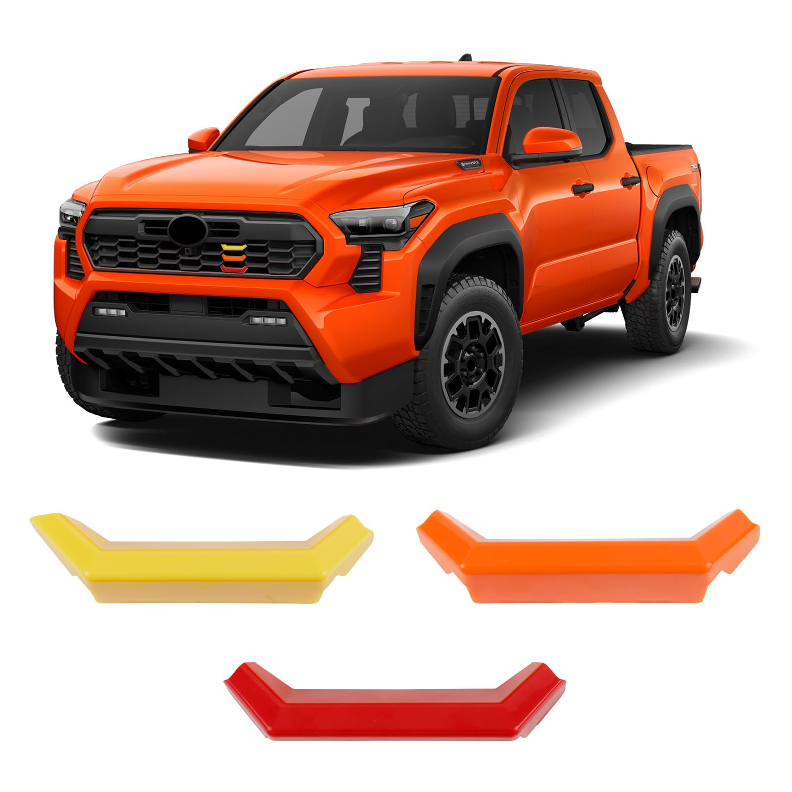 Photo 1 of Front Grille Decor Badge Emblem Compatible with 2024-2025 Toyota Tacoma TRD Off-Road/TRD PreRunner/TRD Sport, Tri-Color Grille Insert Trims Accessories (Yellow/Orange/Red)
