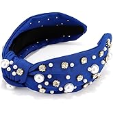 Atoden Knotted Headbands with Pearl Rhinestone Royal Blue Headband Wide Top Knot Headbands Beaded Crystal Jeweled Head Bands Embellished Sparkly Hair Bands Hair Accessories for Women Girls