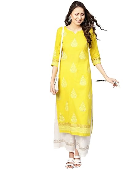 Women Yellow & White Printed Kurta with Palazzos