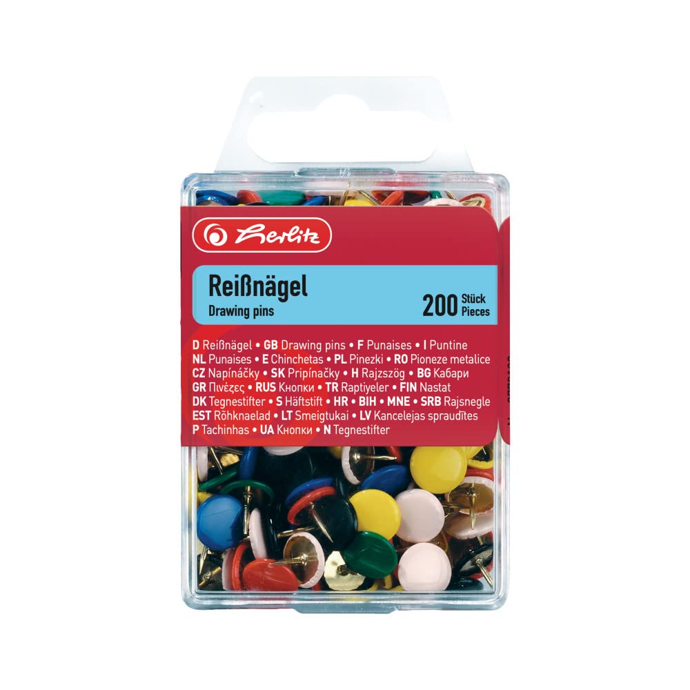 Herlitz 200 Pcs Push Pins in Case Assorted Colours Diameter: 9/5 mm