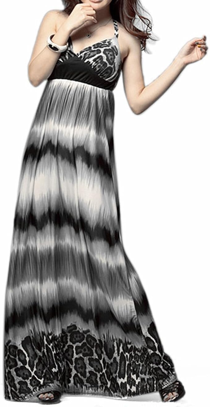 Toptie Leopard Print Halter Maxi Dress White Grey Black Tone At