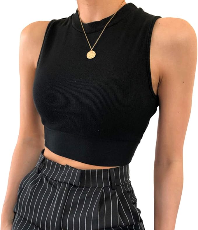 Women Sexy Crop Tops Sleeveless Solid Color Boat Neck Ribbed Knit