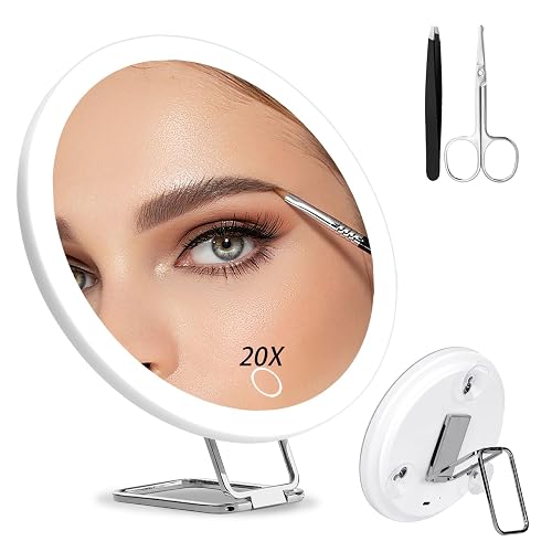 Junyaoxuan 20X Magnifying Mirror with Light,6" Large Makeup Magnifying Makeup Mirror with 3 colors Dimmable，Table Stand,3 Suction Cups,White