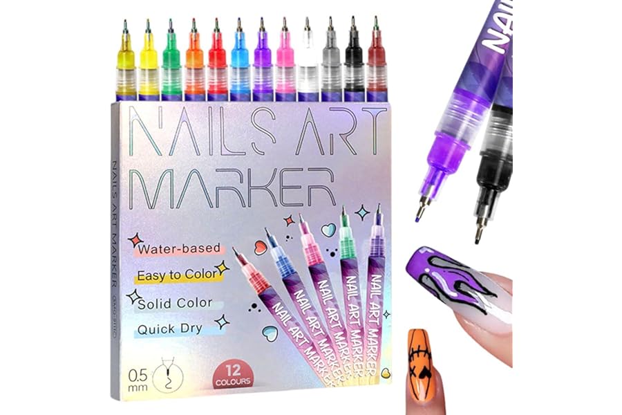 12 Colors Nail Art Pens Set, 2026 New Nail Marker, Fine Tip Nail Art Pen 0.5mm, Waterproof and Quick-drying Nail for DIY Nails Art Design, Portable Nail Art Tools for Home Salon (1set)