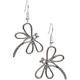 Dragonfly Cutout Charm Earrings, Handmade Antique Silver Garden Pond Insect Dangle Jewelry