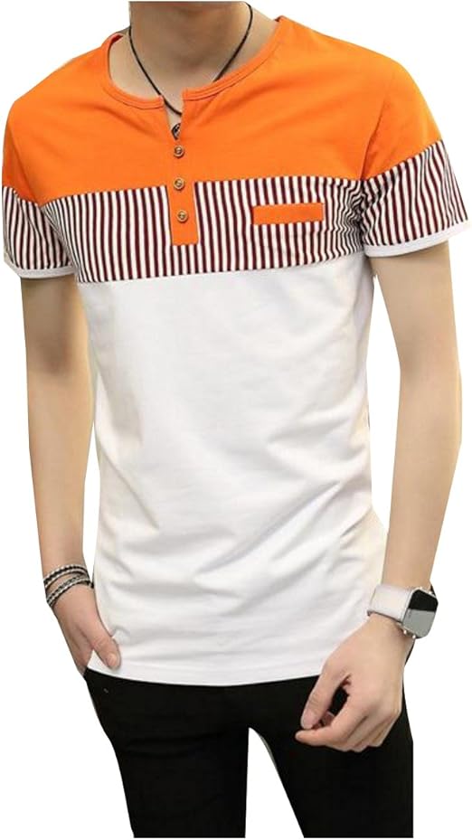 Amazon Arpcel アープセル メンズ ヘンリー ネック バイカラー スリム デザイン ストライプ 半袖 Tシャツ 白 紺 橙 M L Xl 2xl 3xl Tシャツ カットソー 通販