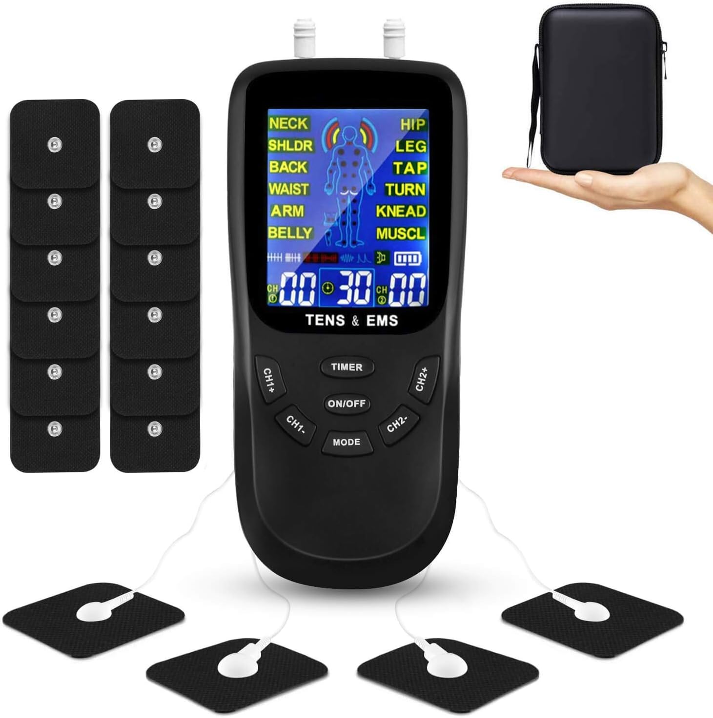 TENS Unit Muscle Stimulator for Pain Relief Therapy, Dual Channels Electronic Pulse Massager EMS Deivce with Travel Hard Case (Black): Health & Personal Care