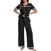 LYANER Women's 2 Pcs Pajama Sets Short Sleeve Buttons Shirt And Leisure Long Pants
