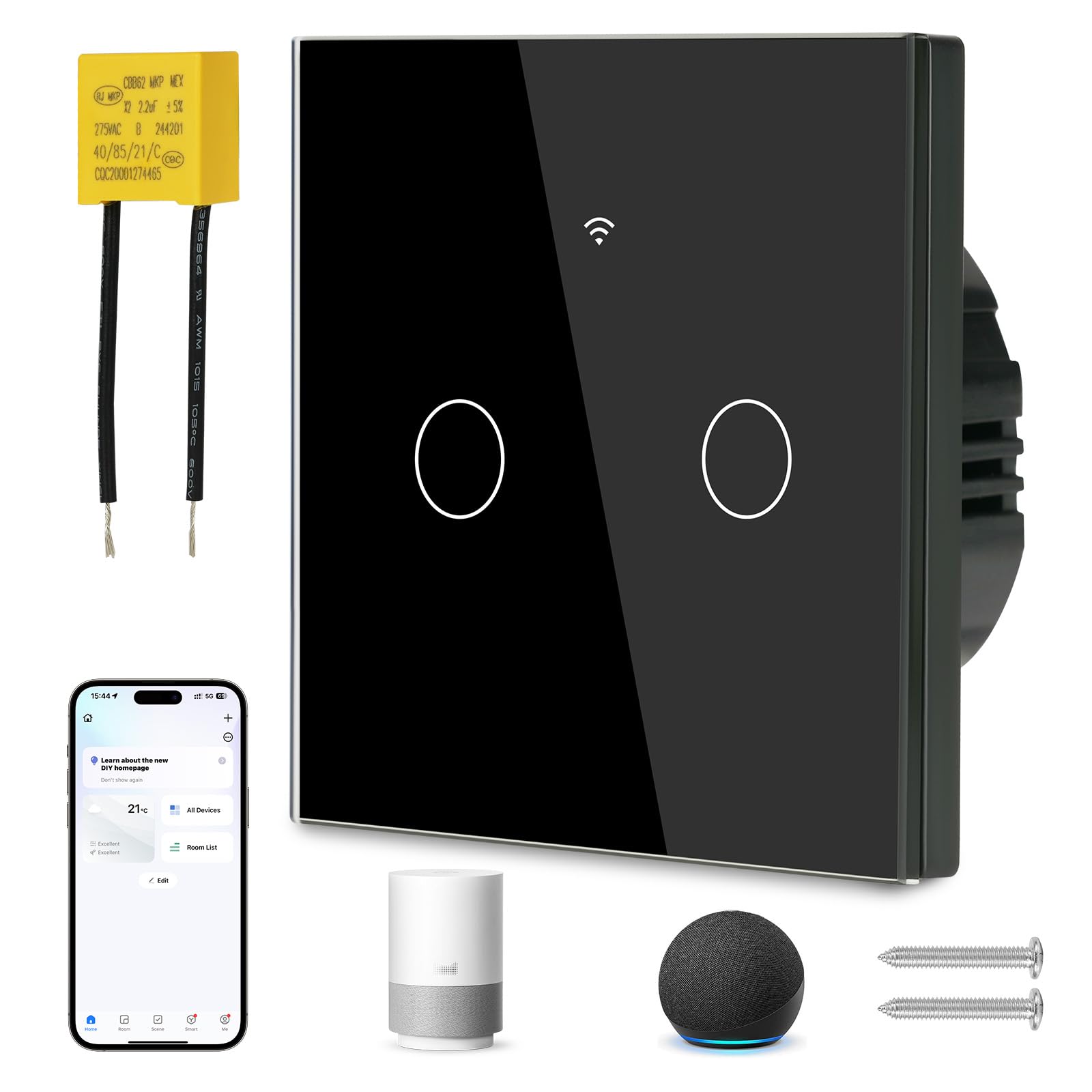 Ainiv Smart Light Switch 2 Gang, WiFi Smart Touch Wall Switch with Capacitor, Multi-Control by Voice/APP Sharing WiFi Switch, Smart Switch Compatible with Tuya SmartLife App Alexa Google Home, Black
