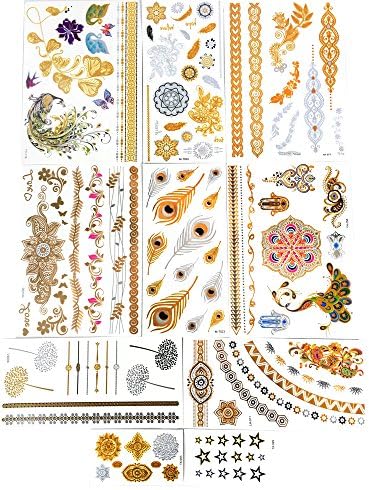 10 sheets - Metallic Temporary Tattoos for Women, Teens - Gold Temporary Tattoos - Silver Temporary Tattoos