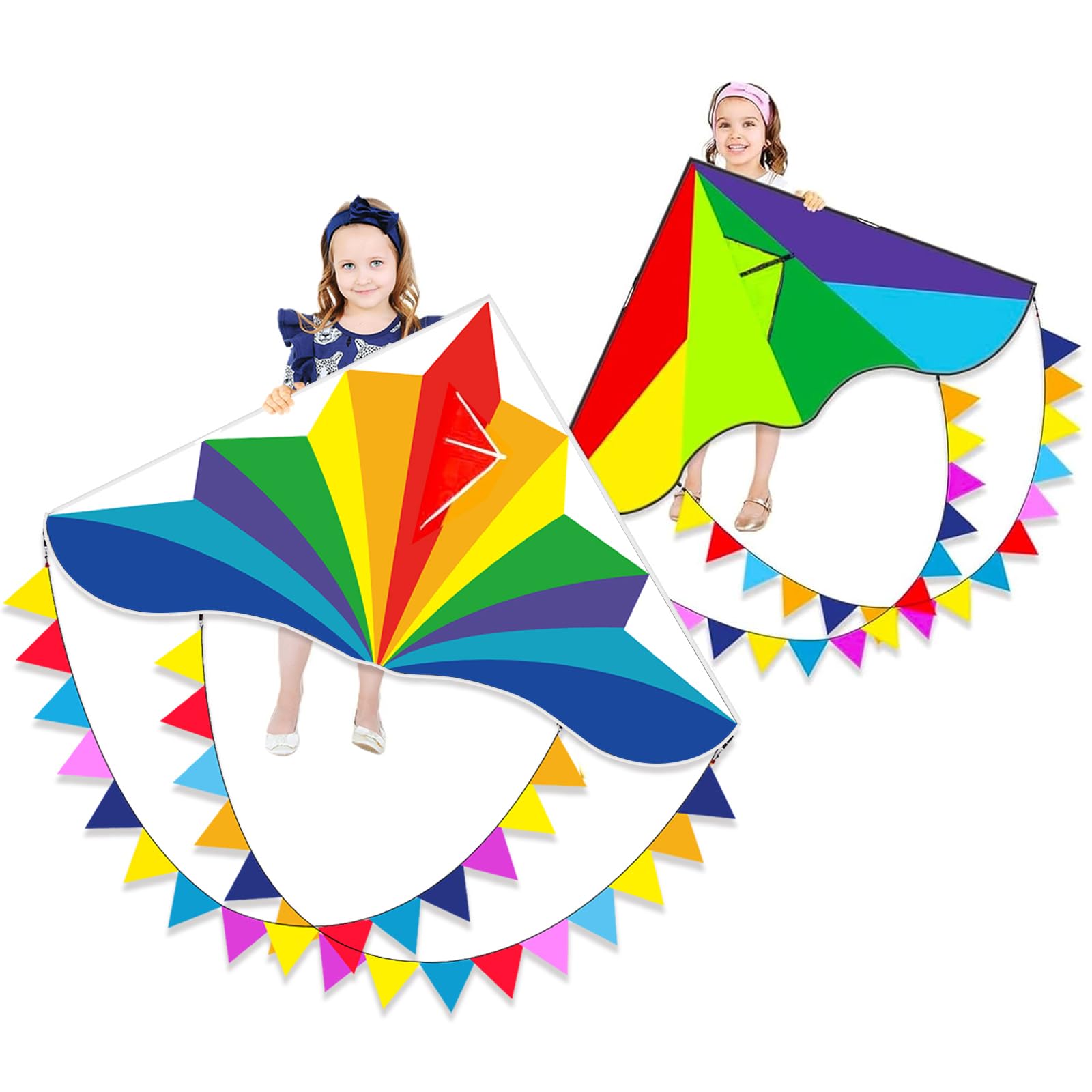 Flying Hoofer Pack of 2 Rainbow Delta Kites for Children and Adults, Large Beach Children's Kite, Extremely Easy to Fly for Boys and Girls, Includes 300 ft Kite Line Handle