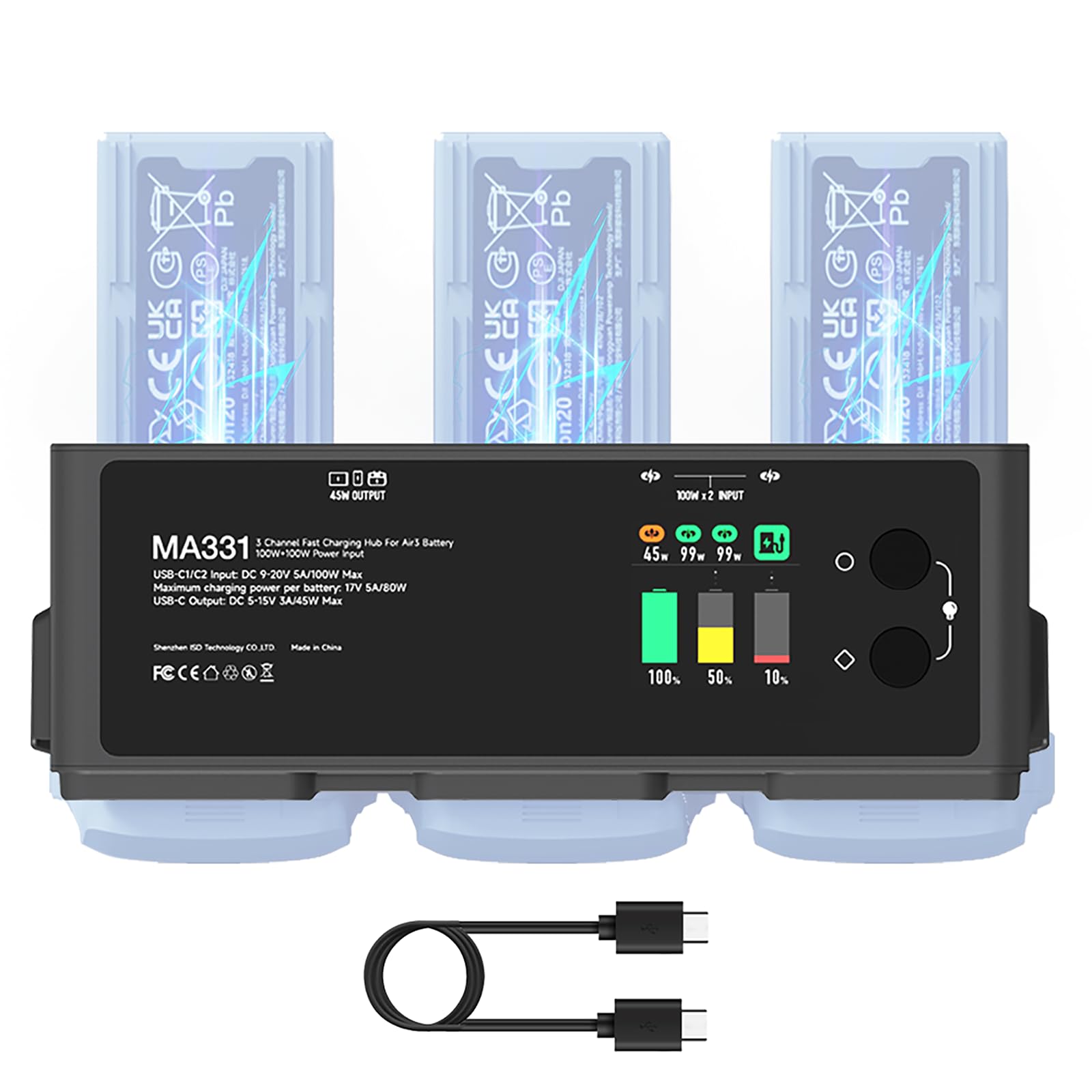 ISDT MA331 Air 3 Charging Station, 200 W 3 Channel USB-C Smart Batteries Charging Station for DJI Air 3 Series, Portable RC Charger with App Connection/LCD Display and Discharge Function