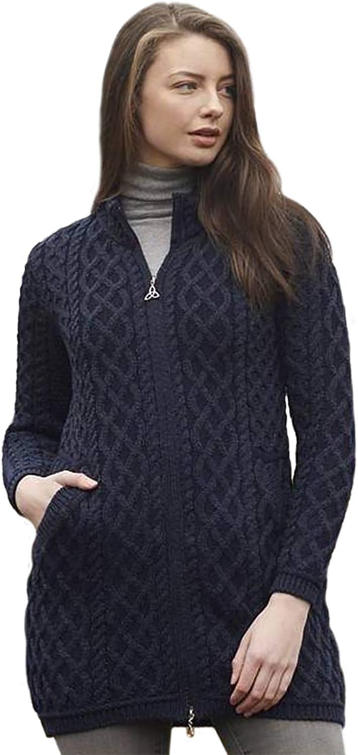 West End Knitwear Irish Cable Plated 3/4 Length Merino Wool Zip Coat