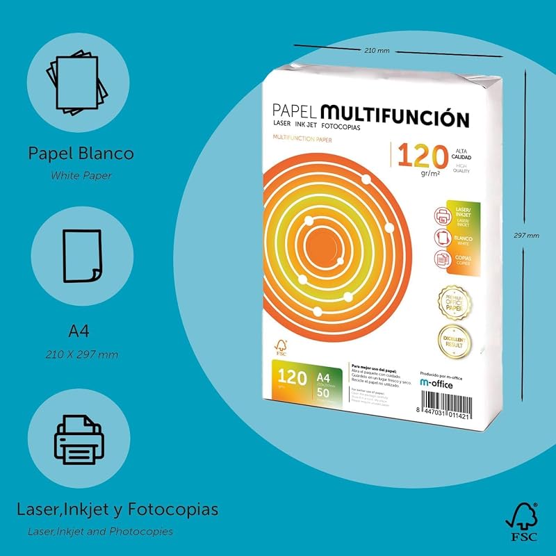 - Folios A4 120gr 50 hojas, Papel Multiusos para Impresora, Folios Impresoras Laser y de Inyección, Fotocopiadora, Fax, Para uso Oficina, Material Escolar, Paquete Hojas (50 hojas,120gr)