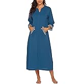 Ekouaer Women Zipper Robe 3/4 Sleeves Loungewear Dress Full Length Sleepwear Pockets Housecoat Nightgown Long Bathrobe