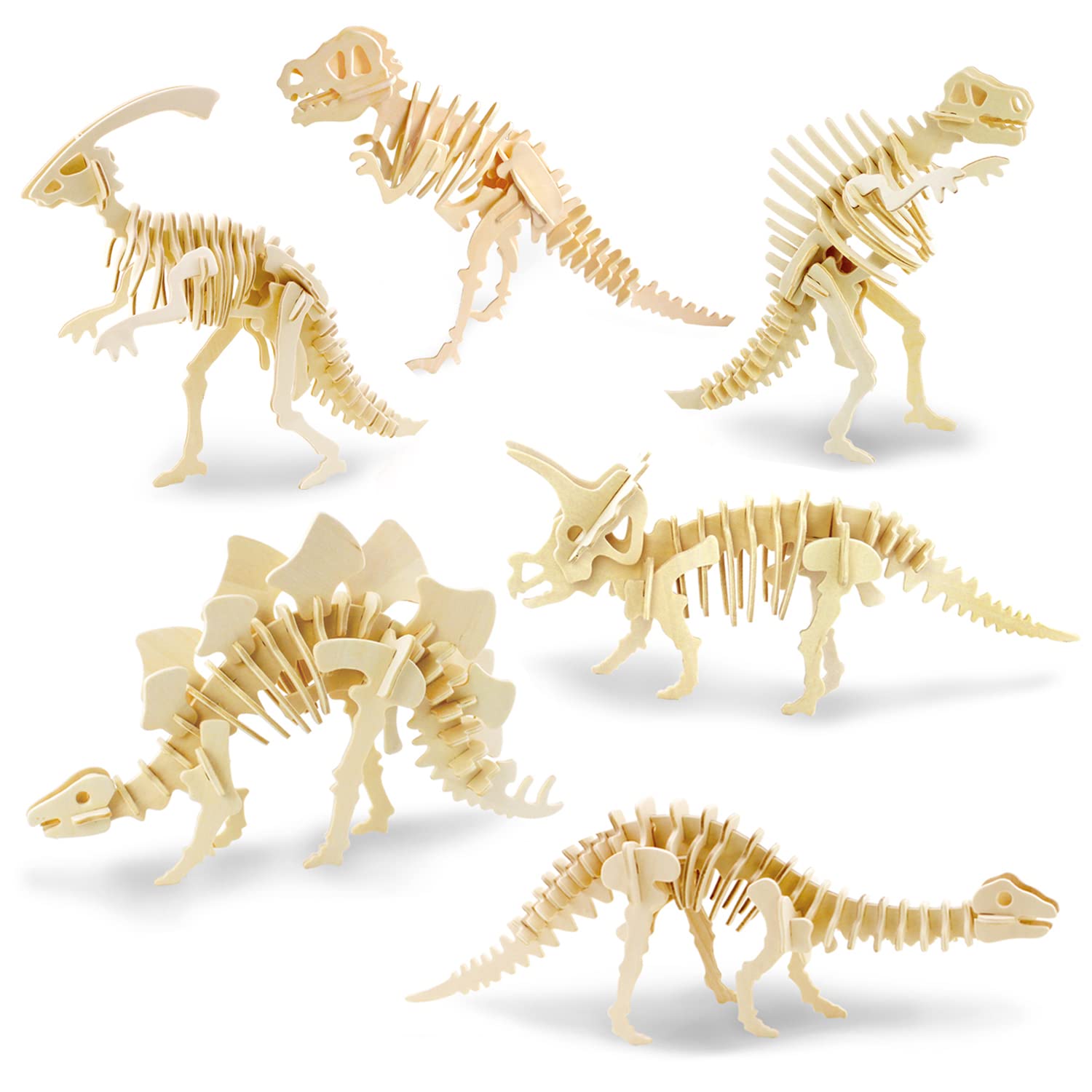 Georgie Porgy 3D Wooden Puzzles DIY Models Kits for Kids Dinosaur Airplane Woodcraft Construction Toys Pack of 6 (T-Rex Triceratops Spinosaurus Parasaurolophus Apatosaurus Stegosaurus)