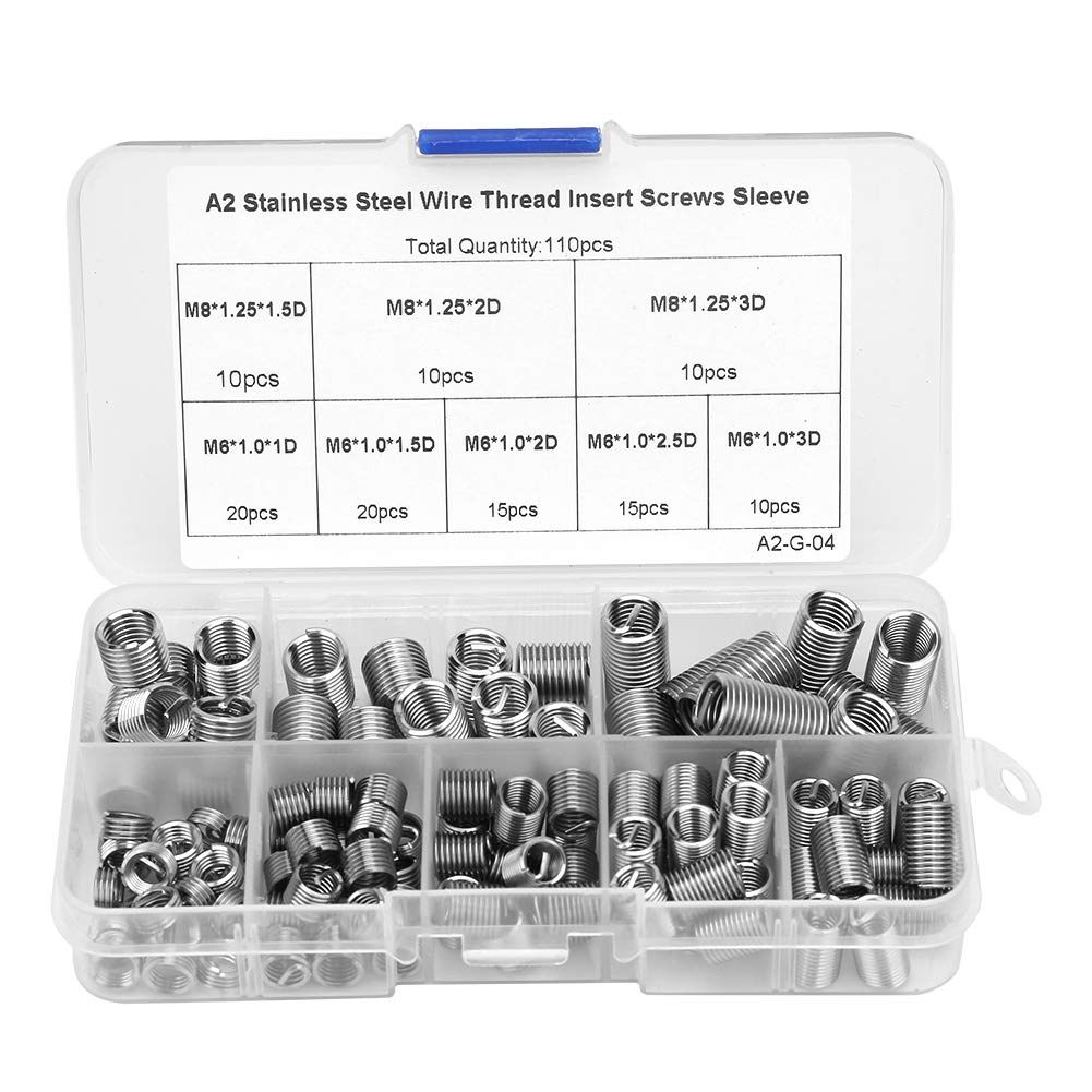 110Pcs M6 M8 Wire Thread Inserts Stainless Steel Coiled Type Screw Repair Sleeve Assortment Kit,8 different sizes,with Plastic Box
