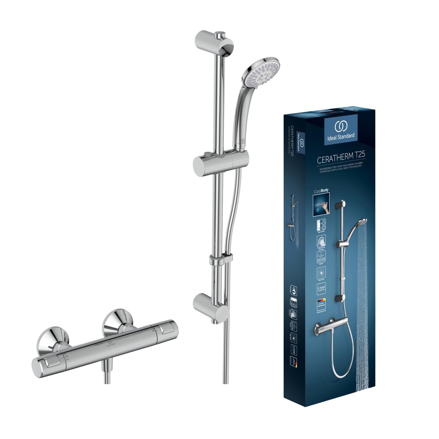 Ideal Standard Ceratherm T25 Thermostatic Shower Mixer with kit, Chrome, A7205AA