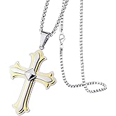 555Jewelry Layered Stainless Steel Cross Necklace for Men and Women, 16-24" Chain