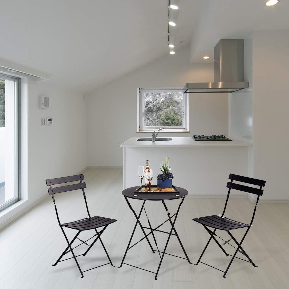 INOVIX Black Grand Premium Steel Bistro, Folding Outdoor Furniture, 3 Piece Set of Foldable Patio Table and Chairs: Home & Kitchen