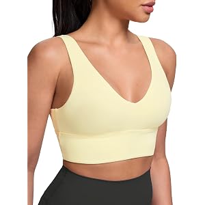 HeyNuts Deep V Neck Sports Bras | Low Impact, Removable Pads, Wireless, Workout, Yoga, Pilates, Buttery Soft, Casual, U Back,
