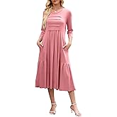 Quatrefox Womens 2025 Casual Midi Dress Fall A Line Pleated Flowy 3/4 Sleeve T Shirt Beach Travel Dresses with Pockets
