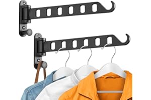 SKIKEN Laundry Drying Rack - Wall Mounted Clothes Hanger with Swing Arm, 6-Hole Laundry Hanger & Swivel Hanging Bar, Foldable Valet Hook, Laundry Room Closet, Sturdy Aluminum (2-Pack, Black)